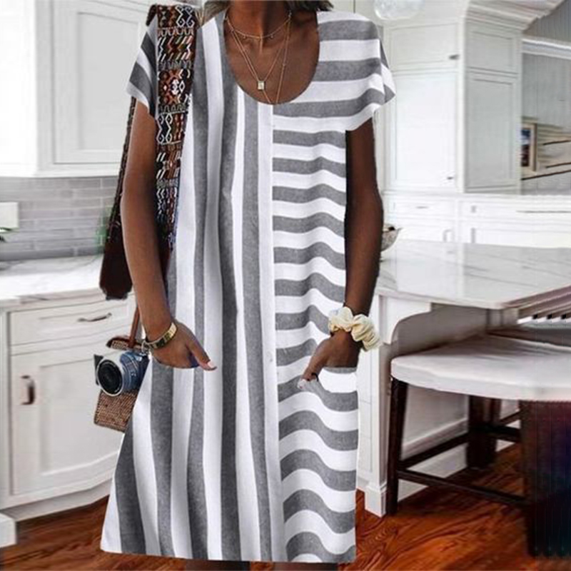 Stripes Pocket Round Neck Comfy Midi Dress wearshes