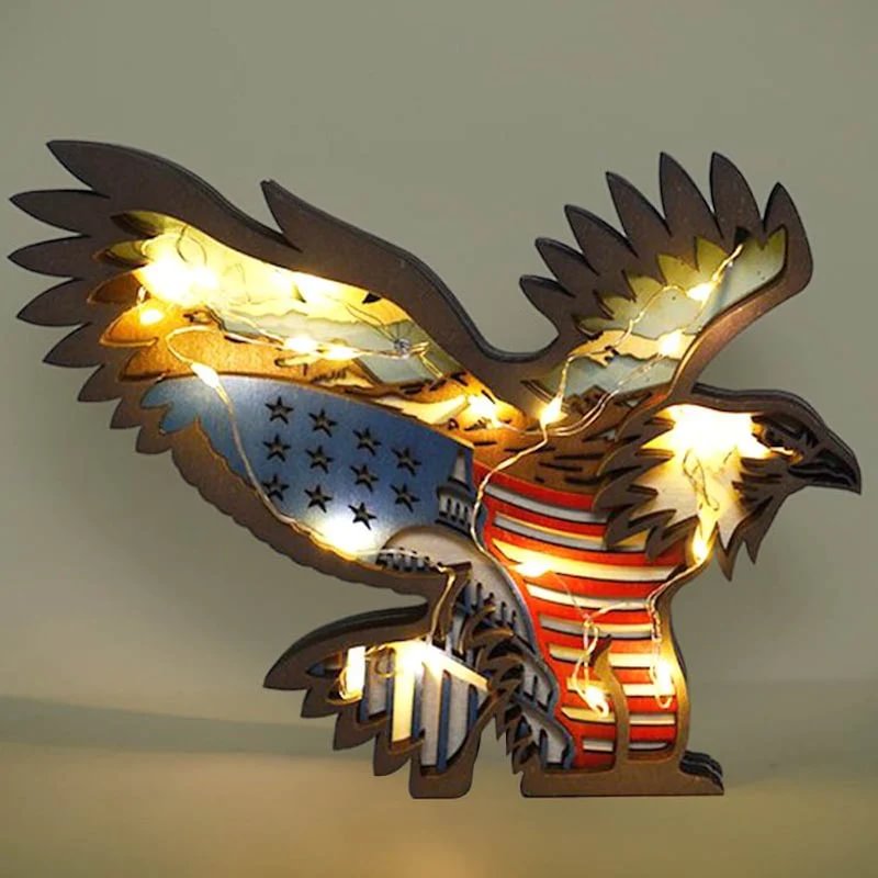 WoodyOrnament American Flag Bald Eagle Carving Handcraft Gift