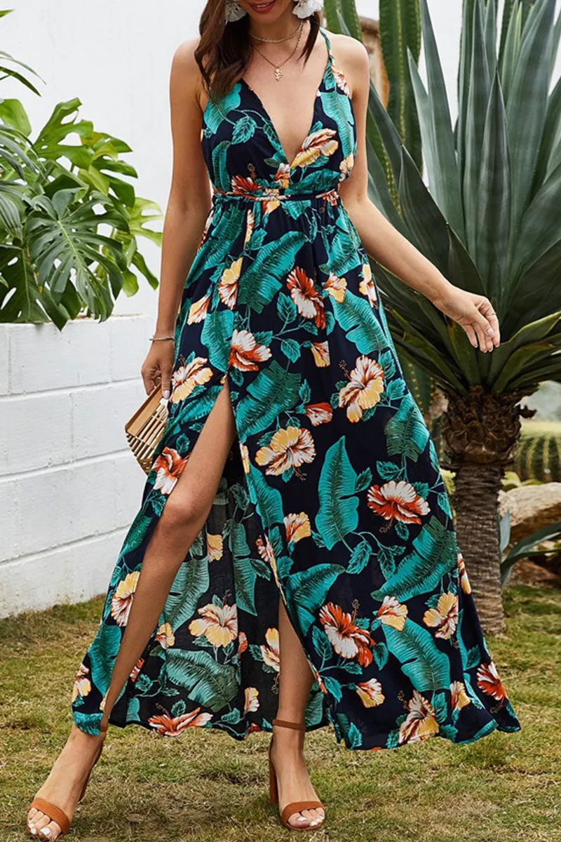 Fashion Bohemian Print Backless V Neck A Line Dresses