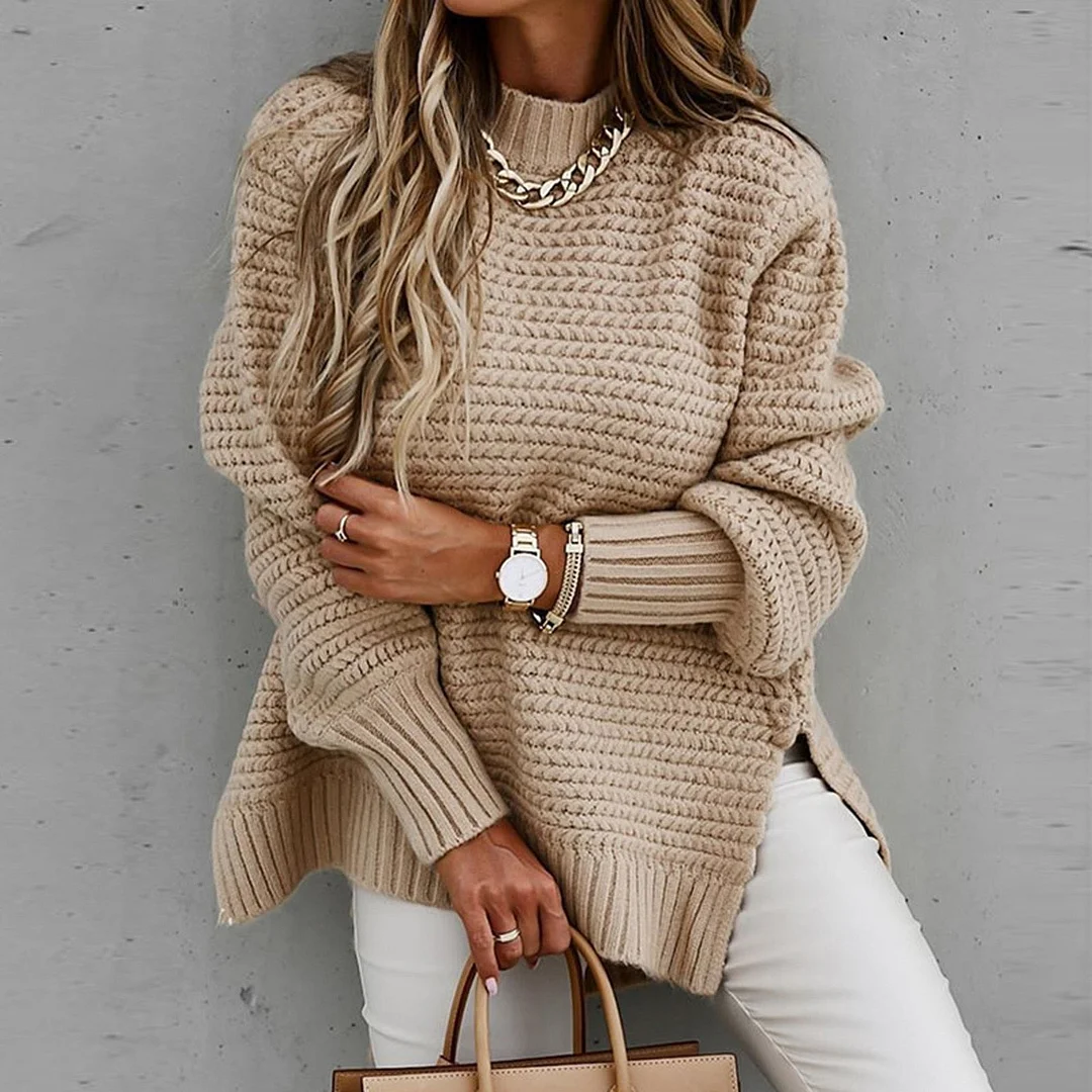 Uforever21 2023 Knitted Sweater Autumn Winter Half Turtleneck Solid Long Sleeve Pullover Female Elegant Loose Side Split Coarse Knit Jumper
