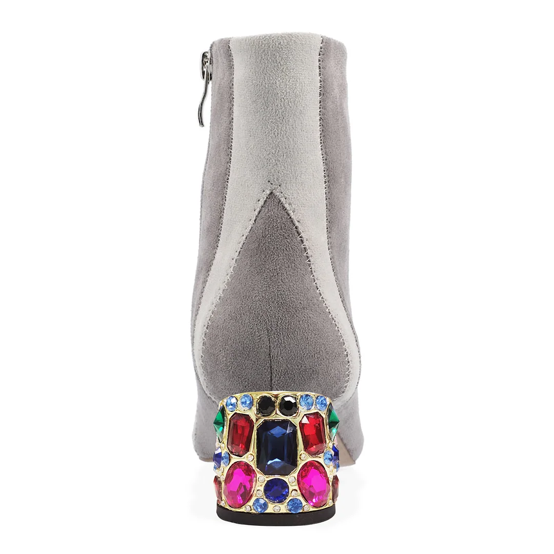 Gray & White Faux Suede Pointed Toe Rhinestone Embellished Ankle Boots