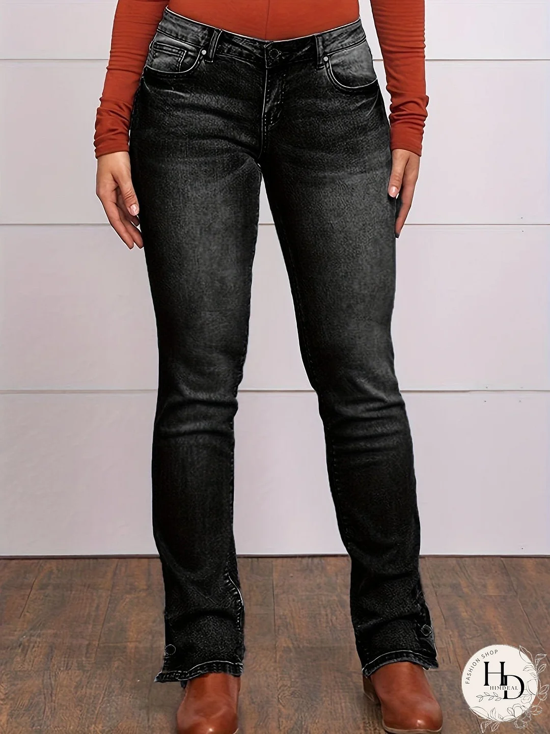 Vintage Embroidered Patchwork Bootcut Button Side Split Denim Jeans