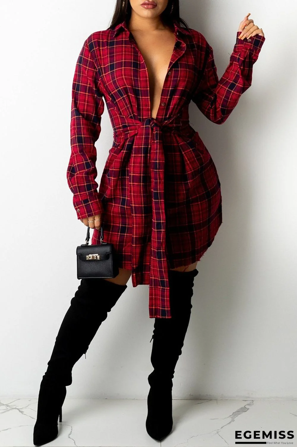 Red Fashion Casual Print Bandage Turndown Collar Shirt Dress | EGEMISS