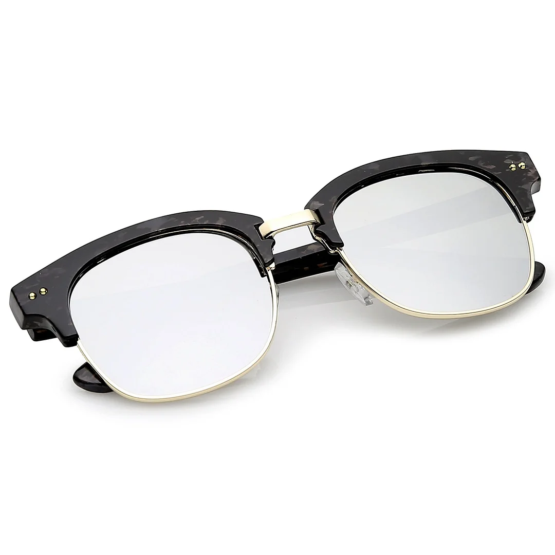 Modern Marble Print Horn Rimmed Mirrored Square Flat Lens Half Frame glasses 51mm