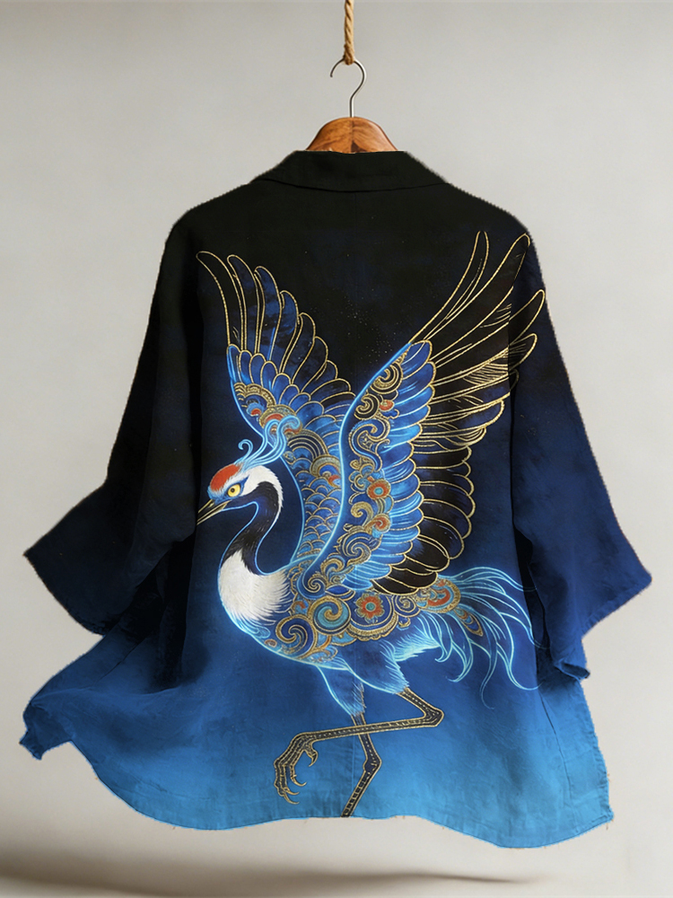 The Crane Dance Japanese Art Gradient Linen Kimono  artssus