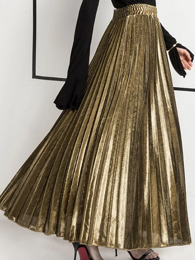 High Waist Metallic Pleated Skirt