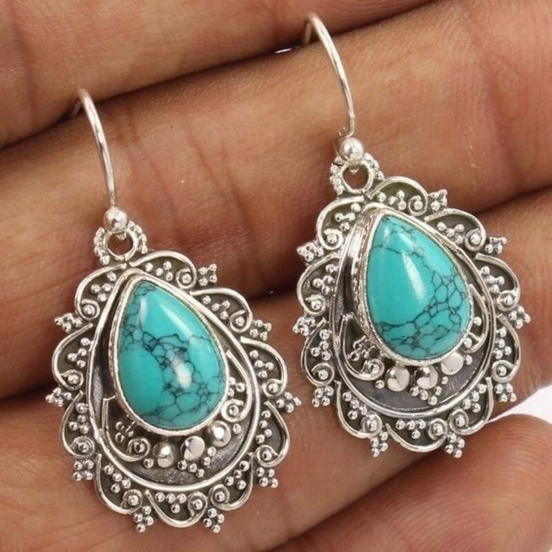 Vintage Creativity Silver Color Engraving Pattern Natural Green Stone Drop Dangle Earrings for Women Engagement Party Jewelry