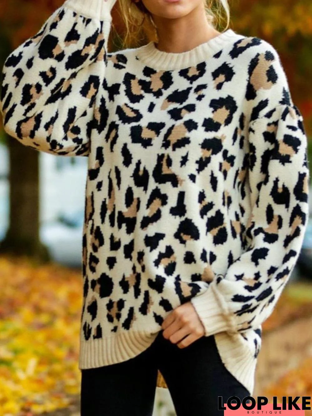 Leopard Shift Floral-Print Casual Sweater