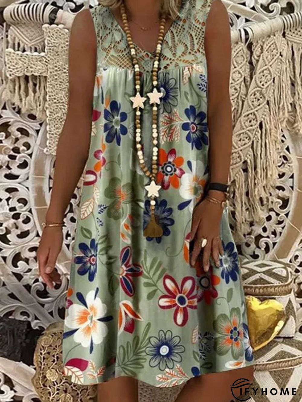Green Sleeveless Crew Neck Floral Weaving Dress | IFYHOME