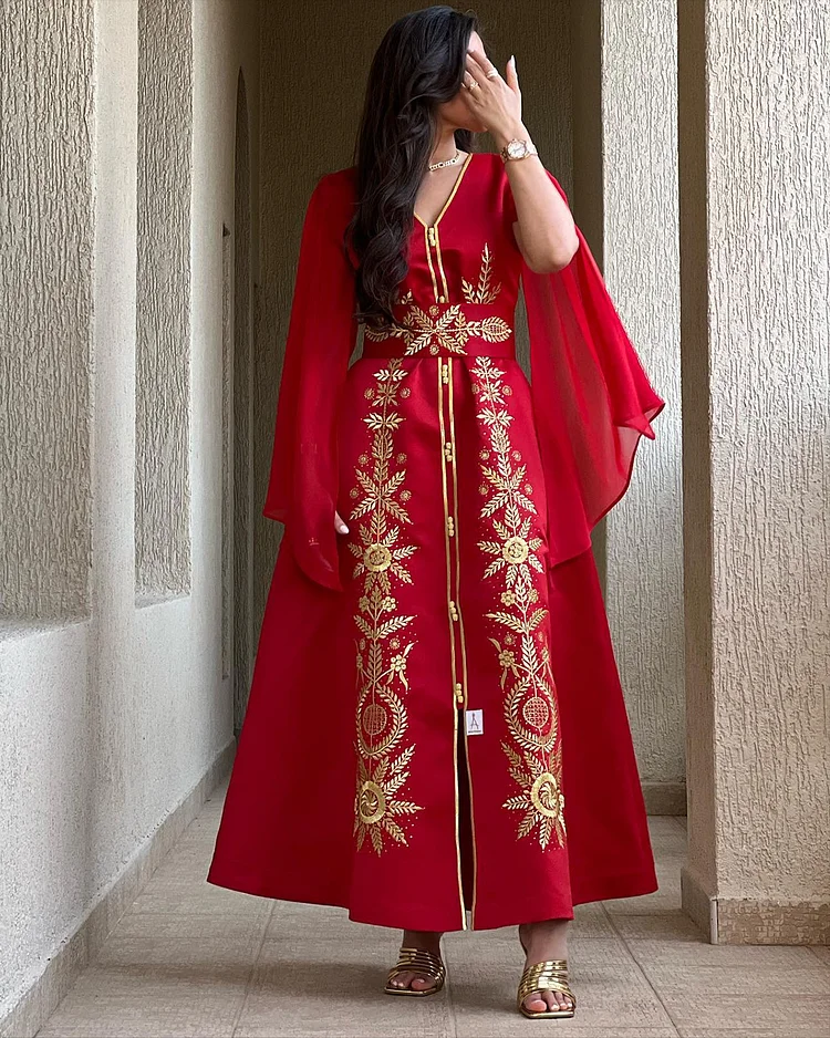 Women's V-neck Red Embroidery Dress