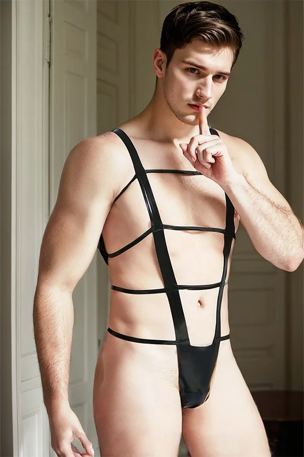 Men Black Latex Briefs Multi String Thong Underwear