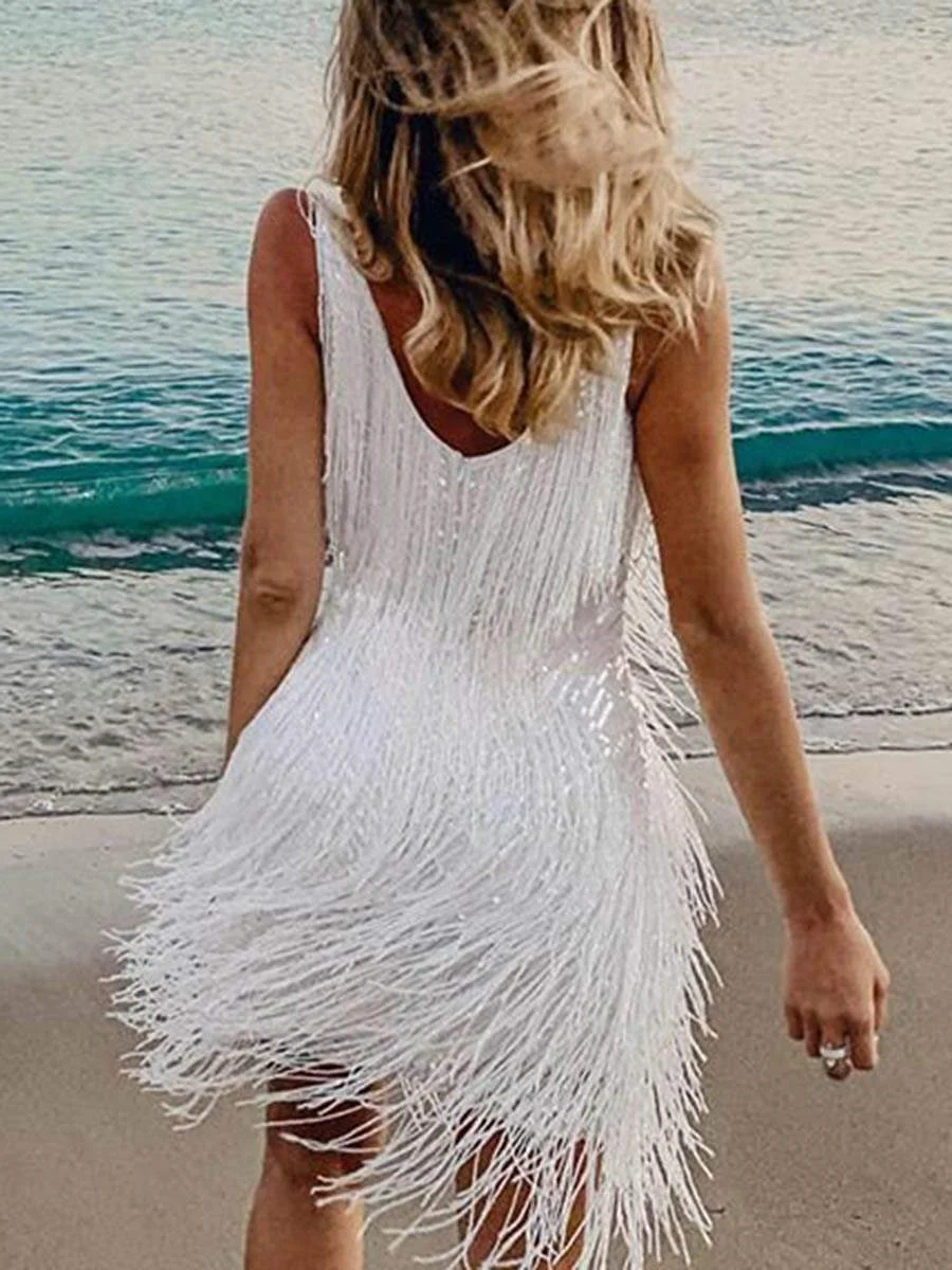 Fashion V-neck Sleeveless Fringed Midi Dress