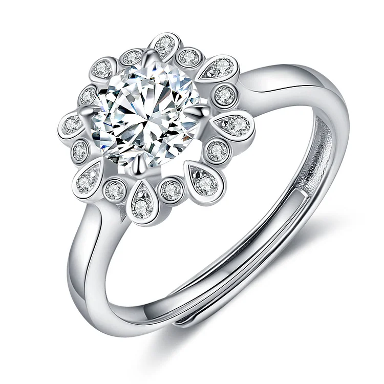 Round Cut Moissanite Diamond Engagement Ring Flower Shape Solitaire Ring Adjustable