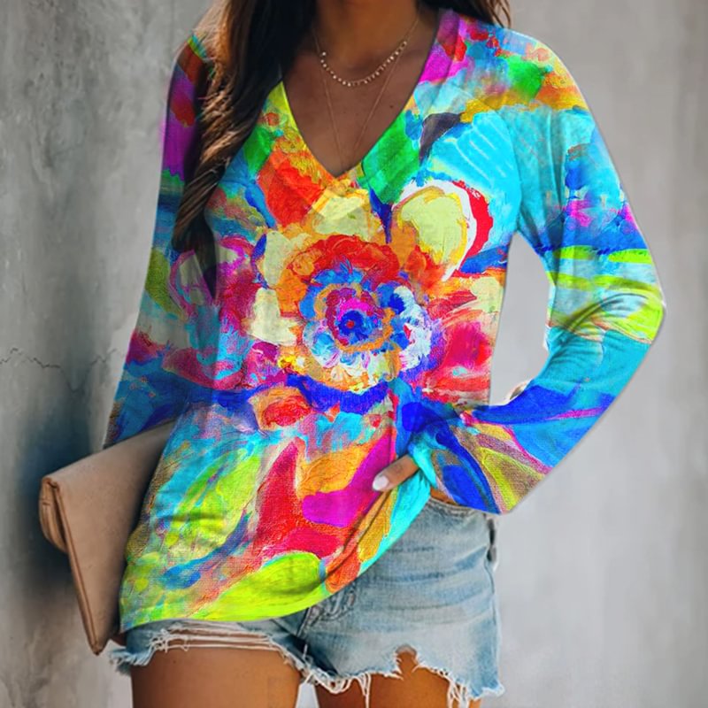 Colorful Oil Flower Painting Printed Women's T-shirt