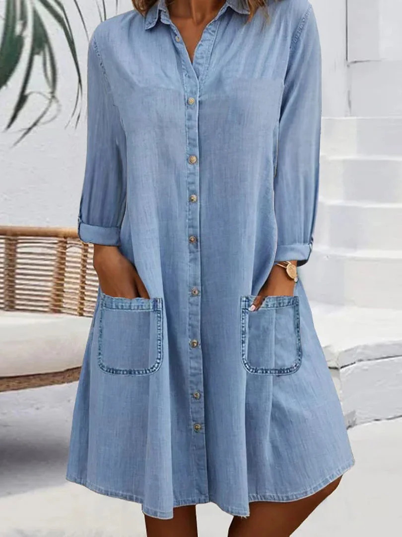 Women Long Sleeve Shirt Collar Solid Button Pockets Midi Dress