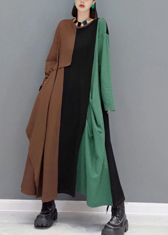 DIY Green O-Neck pockets Asymmetrical Patchwork Long Dresses