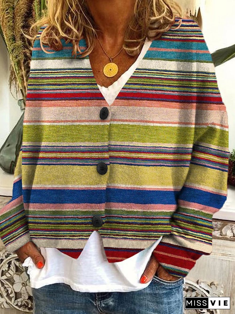 Striped Print Casual Button Flannel Cardigan