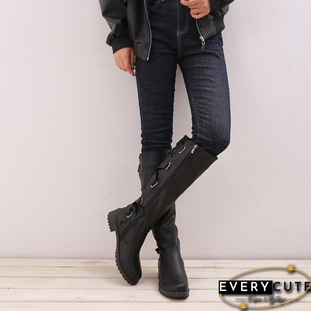 Women Winter Low Heel Belt Buckle Riding Leather Boots Knee High Cowboy Boots (Please Choose A Larger Size)