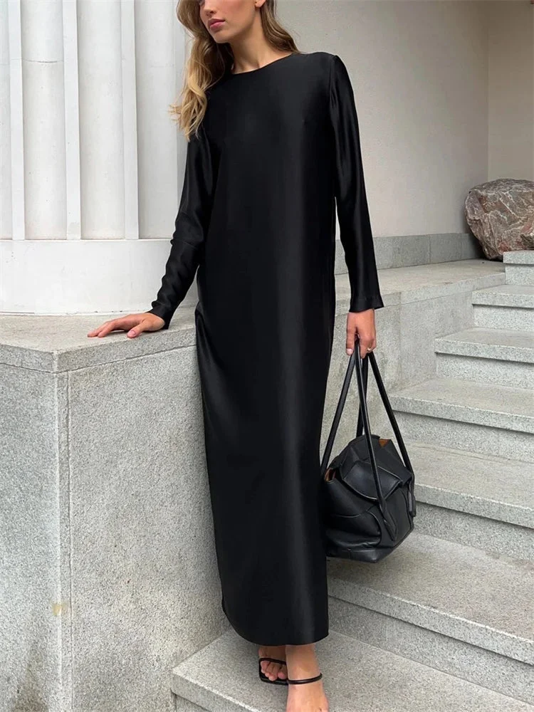 Huiketi Black Satin Fashion Maxi Dress For Women Patchwork Slim High Waist Elegant Solid Split Long Dress Ladies Party Dress 2024