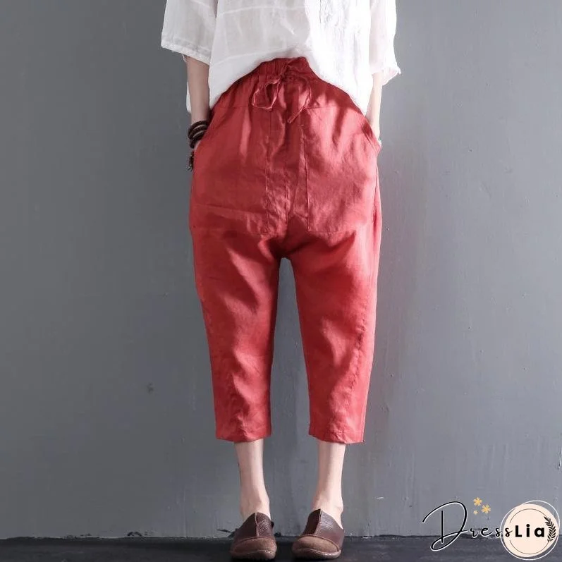 Orange pockets linen summer crop pants plus size