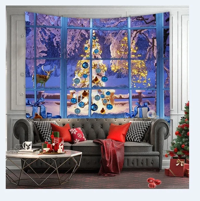 Christmas Tree Print Tapestry Wall Hanging Background Cloth Decor Red Santa Claus Polyester Tapestry Home Room Wall Decoration