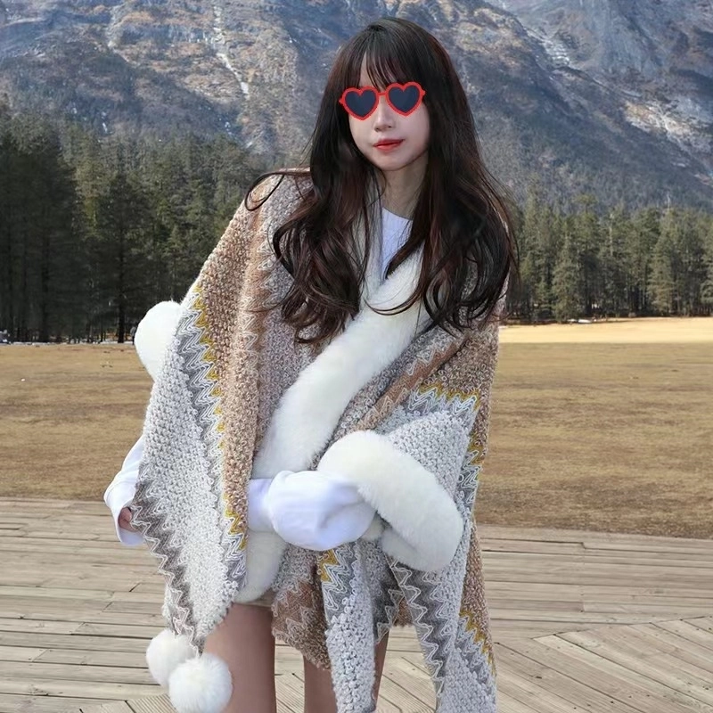 Women’s Minimalist Classic Style Color Block Knit Patchwork Shawl