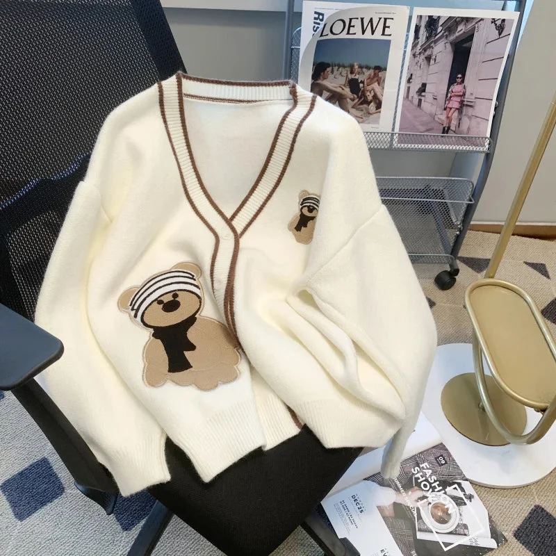 Huiketi Autumn 2024 Fashion Cartoon Embroidery Knitted Sweater Women's Loose Versatile Casual Knitting Cardigan Coat Knitwear