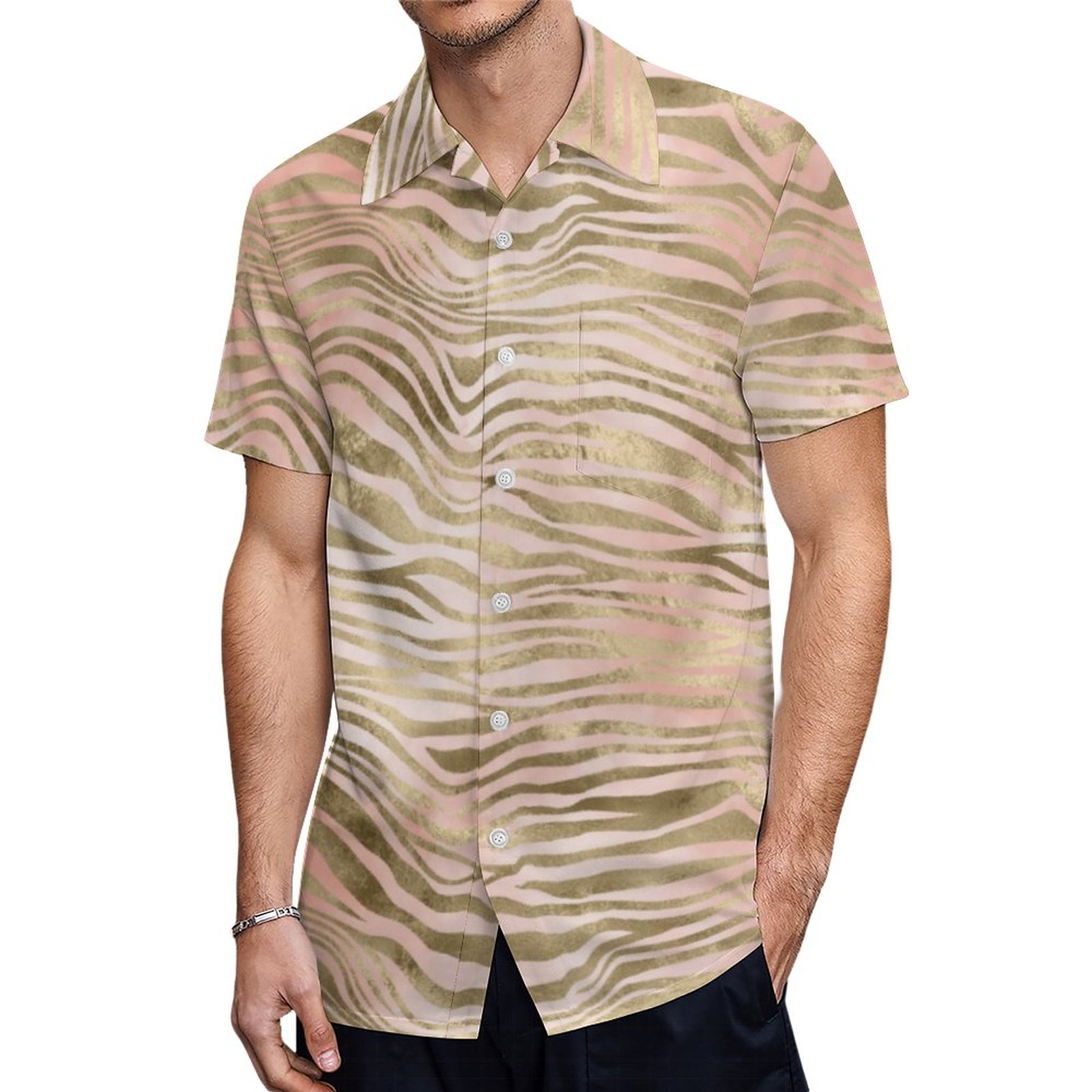 Pink Rose Blush Gold Zebra Animal Print Hawaiian Shirt Mens Button Down Plus Size Tropical Hawaii Beach Shirts