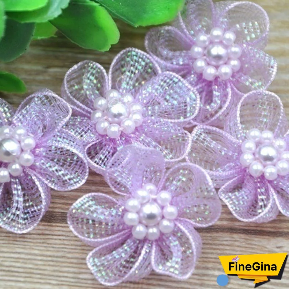 Hot 20Pcs Organza Ribbon Flowers Bows With Beads Appliques Wedding Craft DIY Christmas/Wedding Decoration