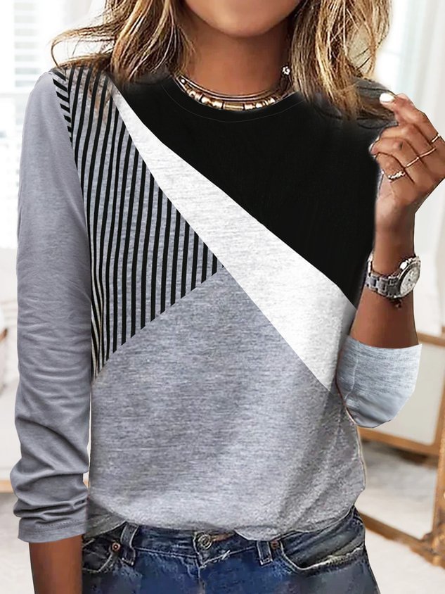 Striped Casual Autumn Daily Loose 1 * Top Long sleeve Crew Neck Regular T-shirt for Women