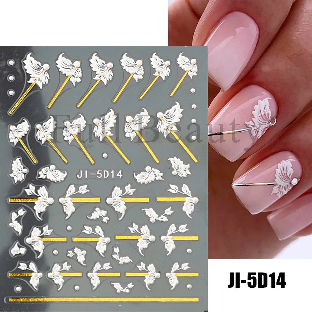 Churchf Nail Stickers Flowers Geometric Lines Decor Acrylic Embossed Sliders Gold Frame Nail Decals Cherry Blossom Manicure GLJI-5D05-Nail Inspo