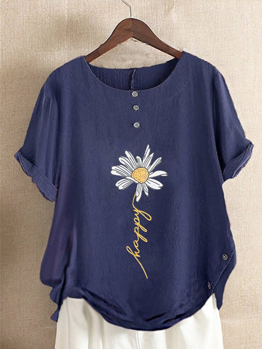 Blue Casual Floral-Print Round Neck Shirts & Tops | IFYHOME