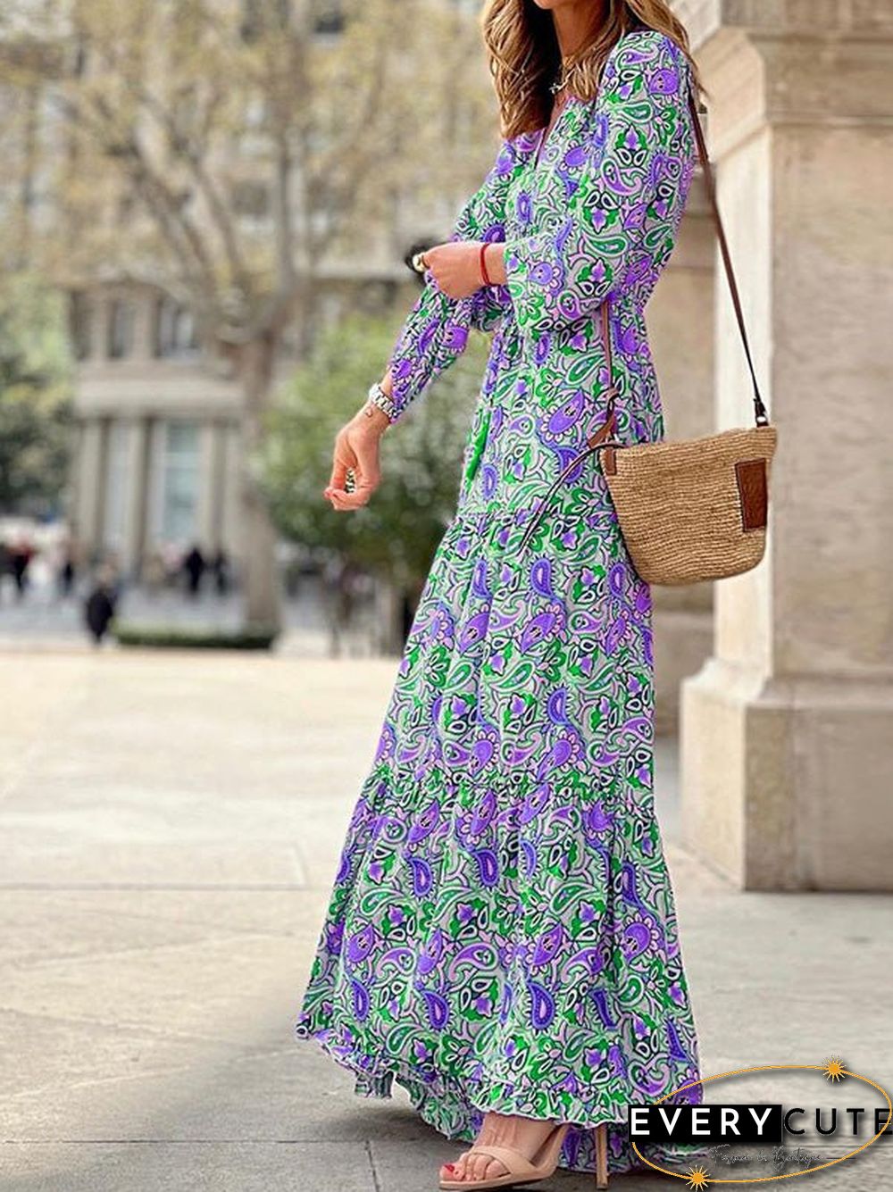 Printed Neck V-Neck Bohemian Dress main image 1