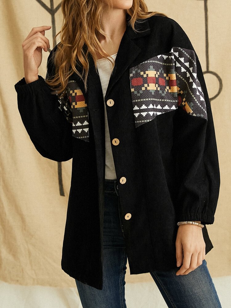 Geometric Pattern Print Patchwork Button Label Collar Casual Jacket