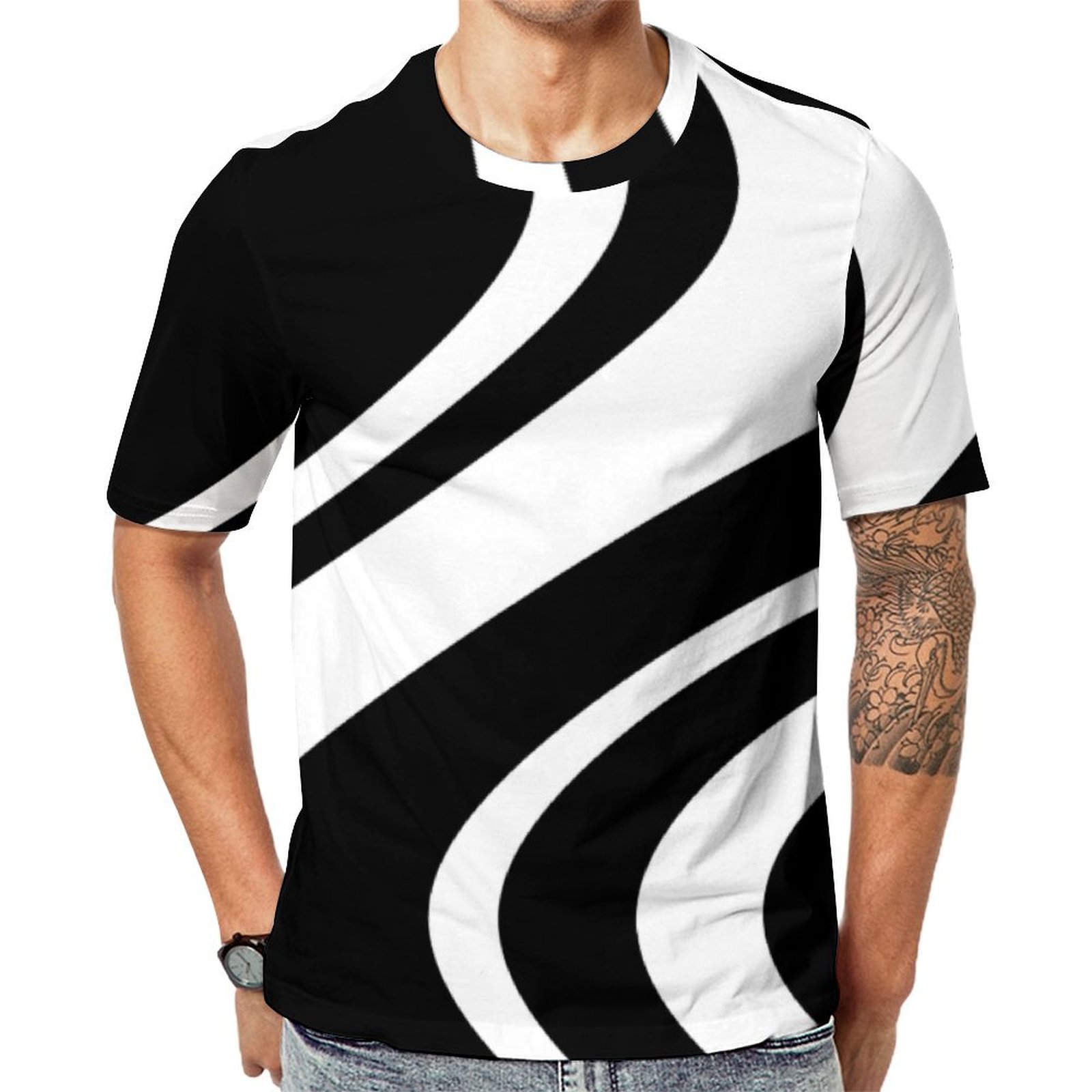 Wavy Zebra Stripe Black And White Short Sleeve Print Unisex Tshirt Summer Casual Tees for Men and Women Coolcoshirts