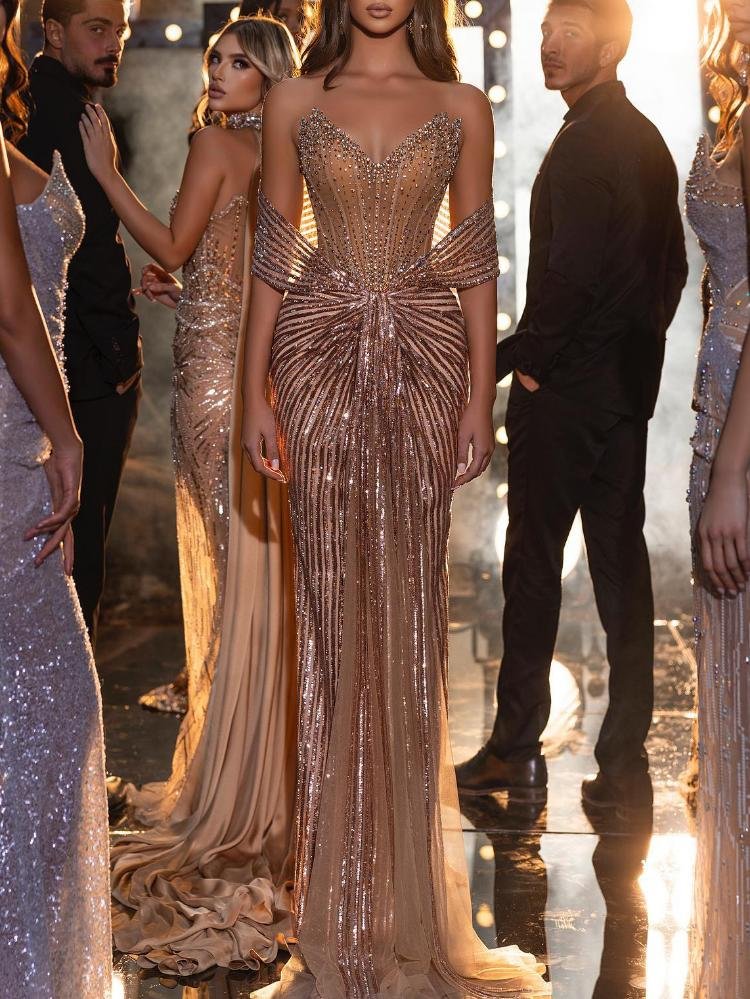 Promsstyle Sexy tube top glittering sequin rhinestone mesh splice maxi evening dress Prom Dress 2023