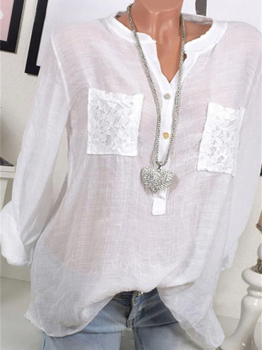 Lace pocket V-Neck Solid Color Blouse