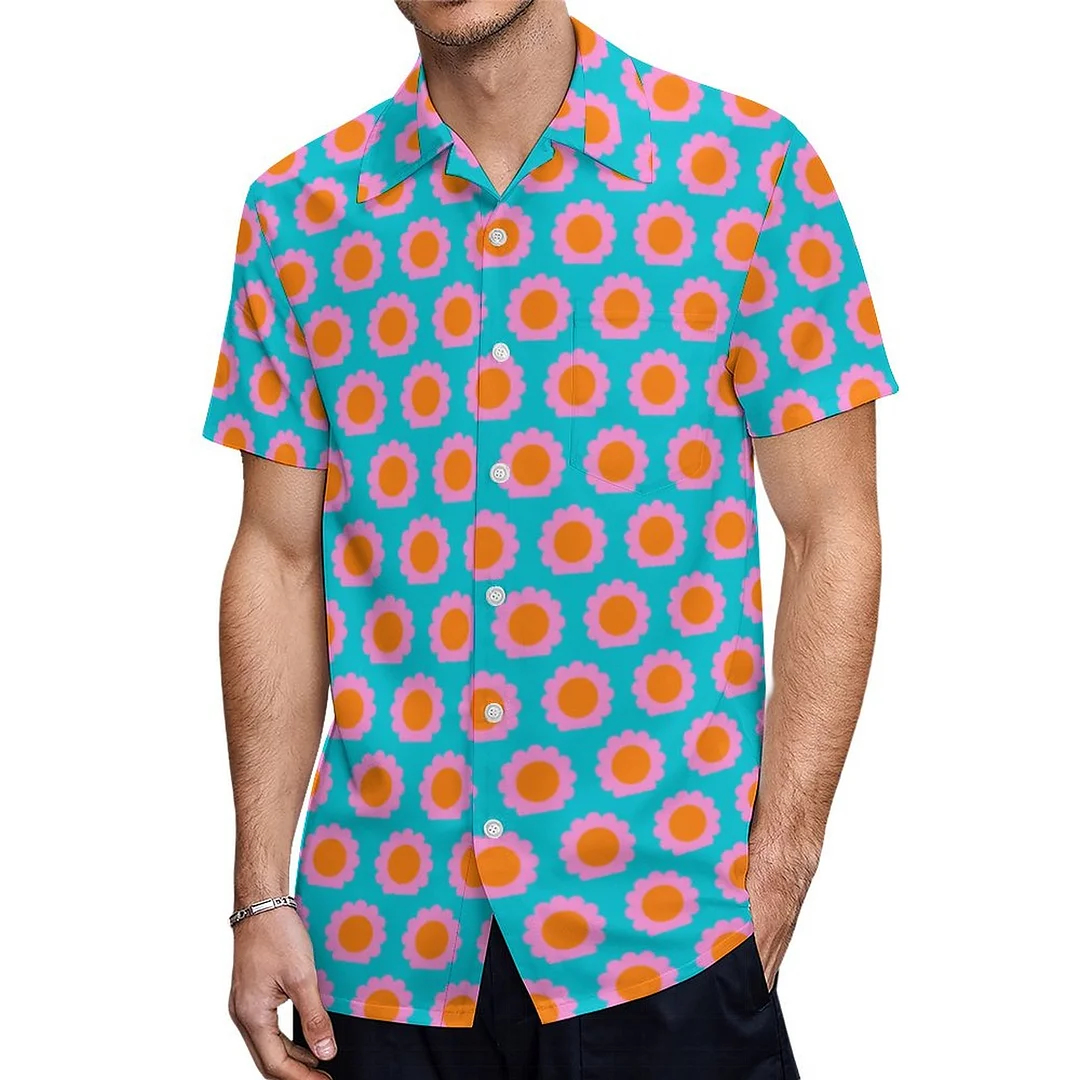 Short Sleeve Retro 60S Turquoise Mod Flower Hawaiian Shirt Mens Button Down Plus Size Tropical Hawaii Beach Shirts
