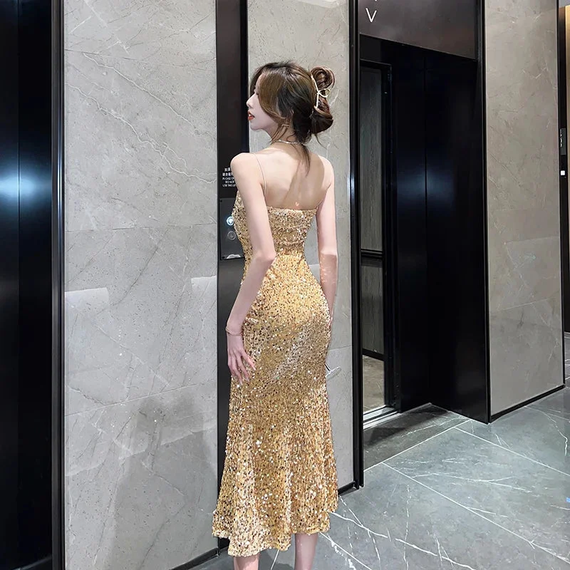 Tlbang Sequins Midi Dresses for Women 2023 French Style Velvet Sleeveless Backless Slim Female Clothes Elegant Party Evening Dress