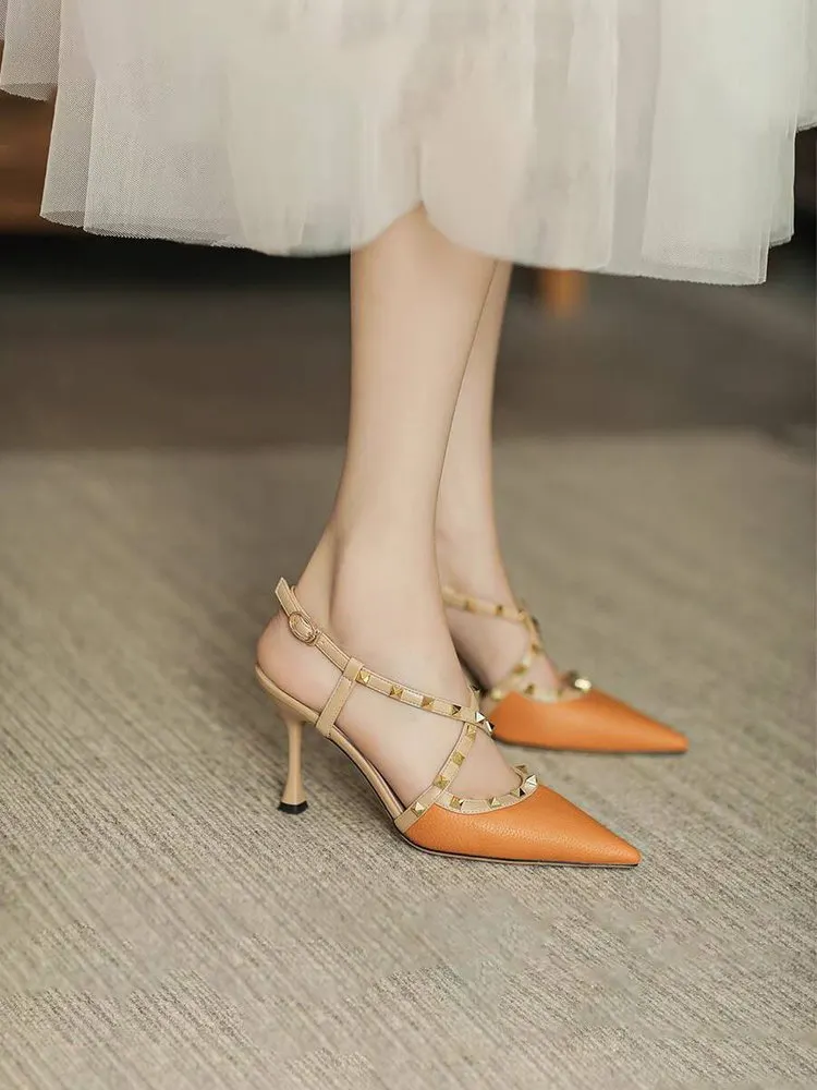 Yyvonne French Fine-Heeled High-Heeled High-Heeled Rivet Thorned Roman Sandals In The Summer Of 2025