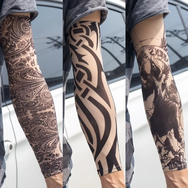 3PCS/lot new mixed 100%Nylon elastic Fake temporary tattoo sleeve skull wolf totem dragon designs body Arm stockings cool men