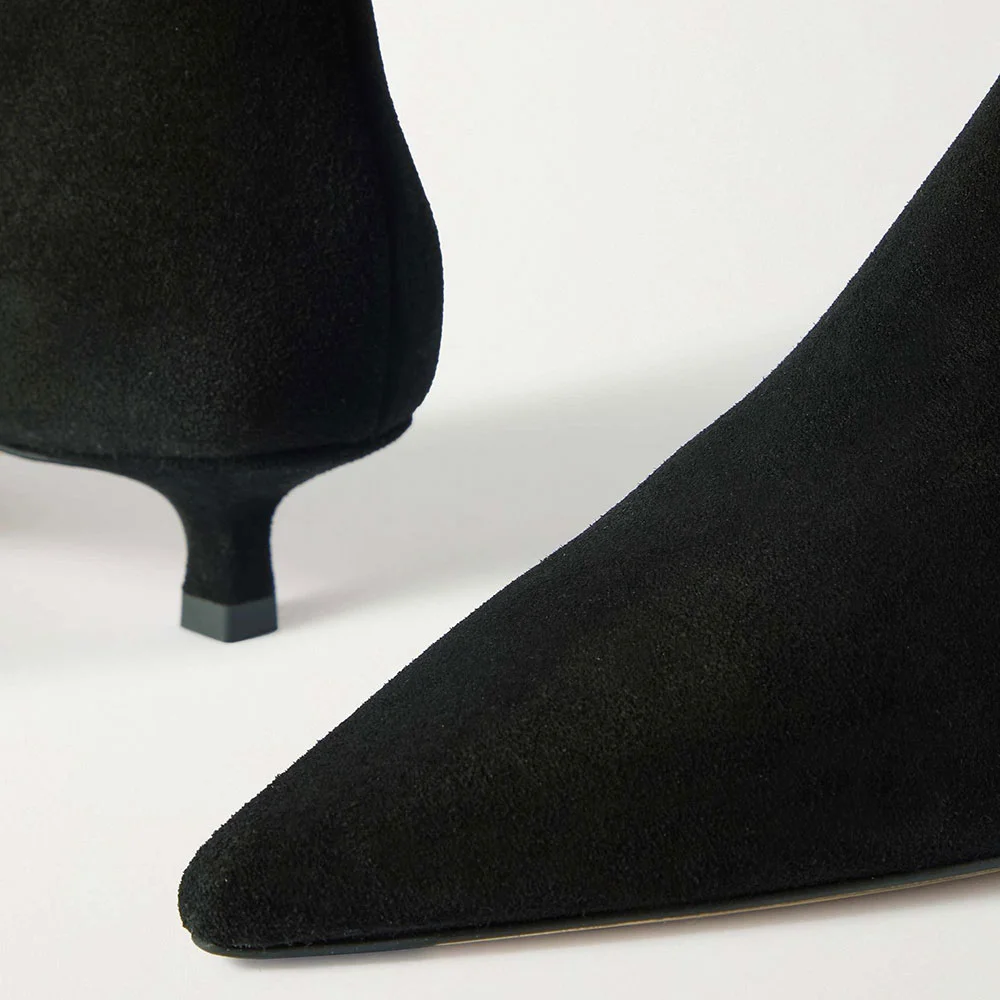 Black Vegan Suede Kitten Heel Zipper Pointed Toe Booties for Women