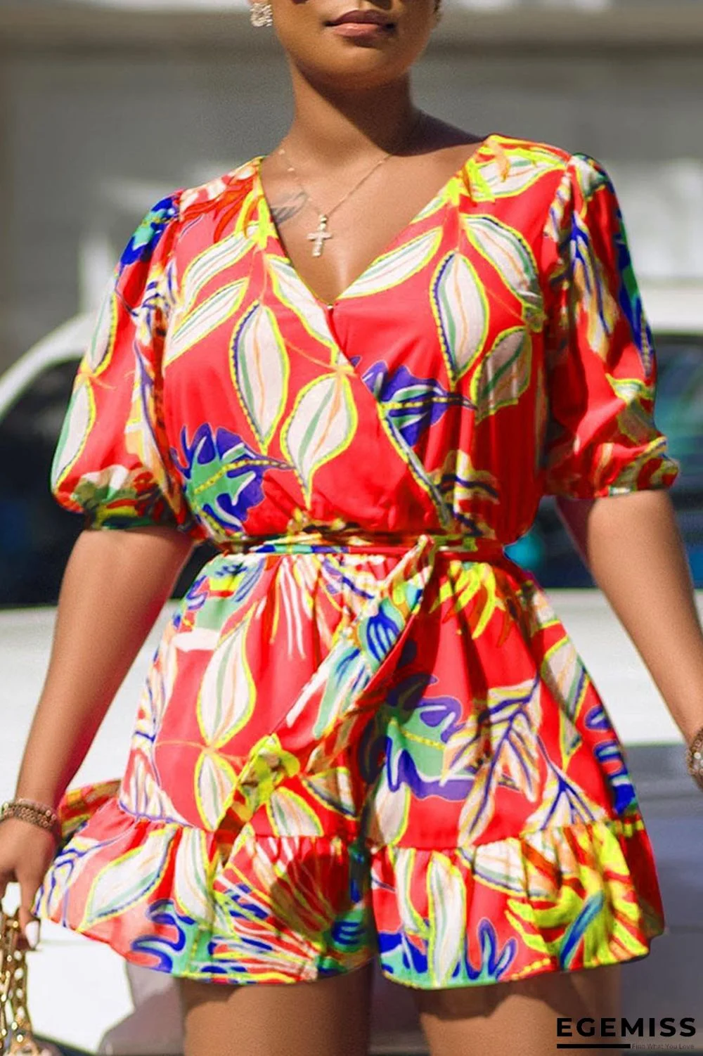 Red Sweet Print Bandage Patchwork Flounce V Neck Jumpsuits | EGEMISS