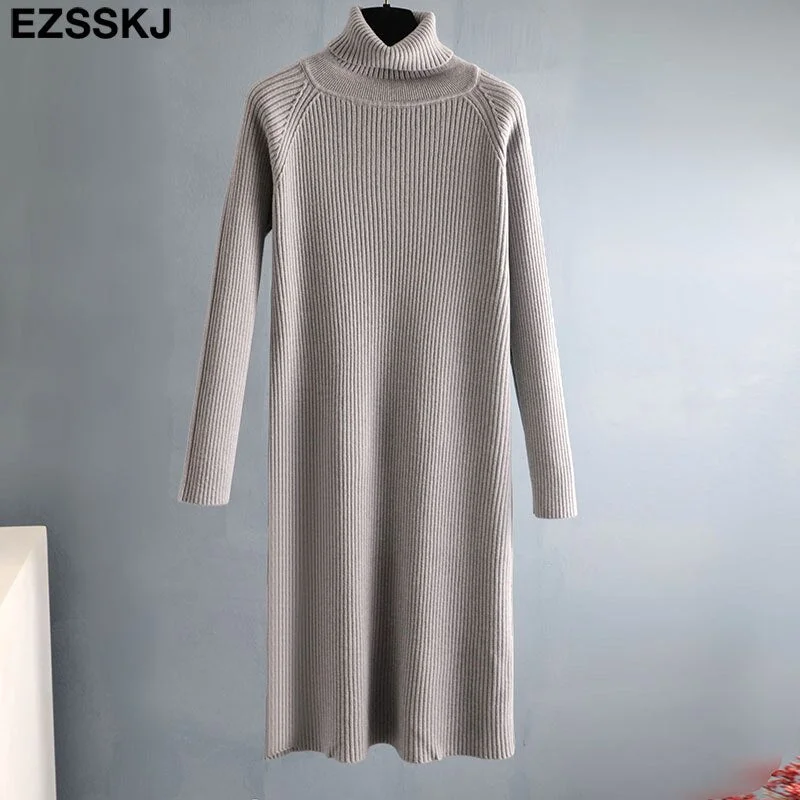 2021 Autumn Winter long thick Sweater Dress Women turtleneck long Sleeve straight maix Dress female girl warm long dress