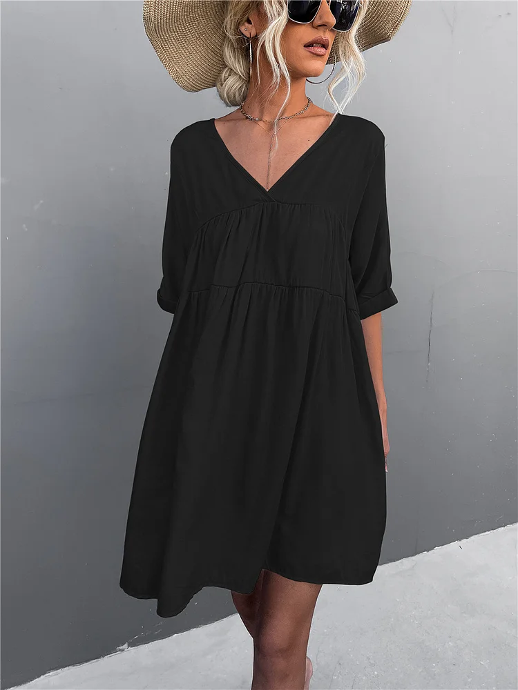 Women's Casual Summer Dress Solid Color V-Neck Loose Casual Swing Dress