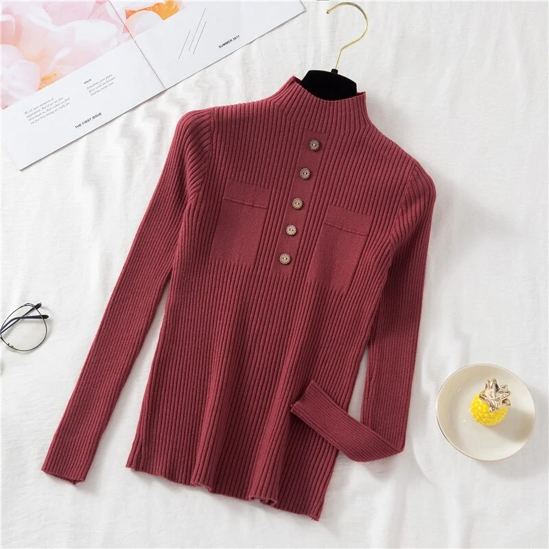 Zoki Pullover Women Sweater Autumn Knitted Button Long Sleeve Half Turtleneck Female Jumper Elastic Korean Fashion Blouse Top