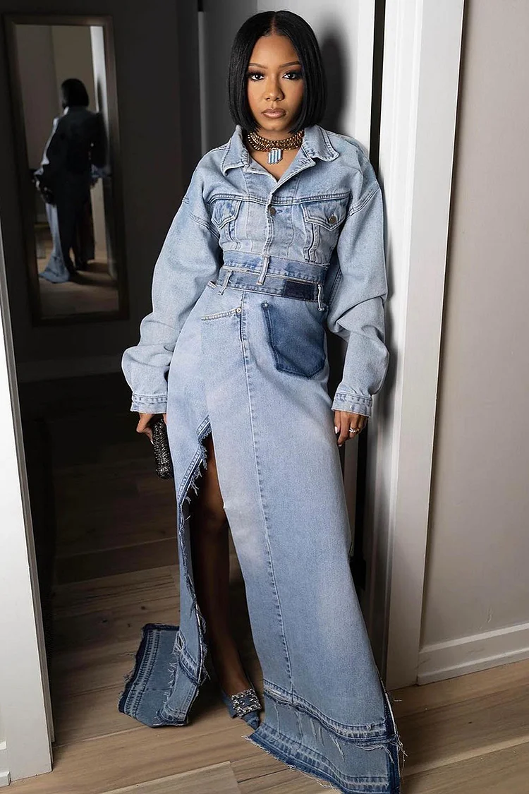 Denim Turndown Collar Long Sleeve A-Line High Slit Raw Edge Skirt Sets-Blue