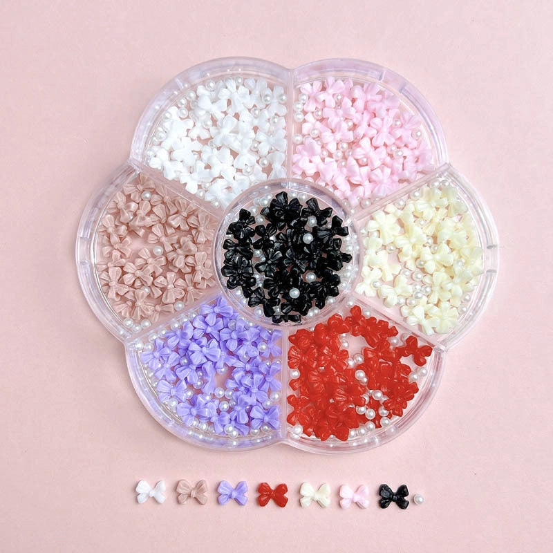 7-Grid Mixed Bow Pearl Nail Beauty Ornament Girl’s Style Mini Small Bow Tie Nail Material Package Box