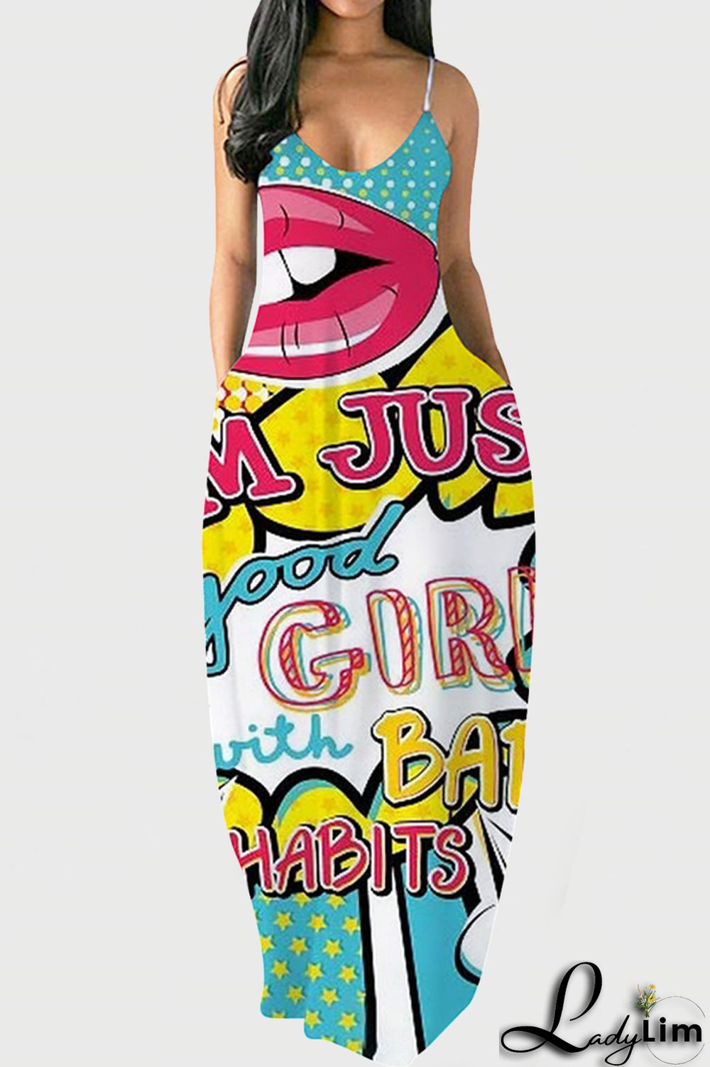 White Red Fashion Sexy Print Backless V Neck Sling Dress