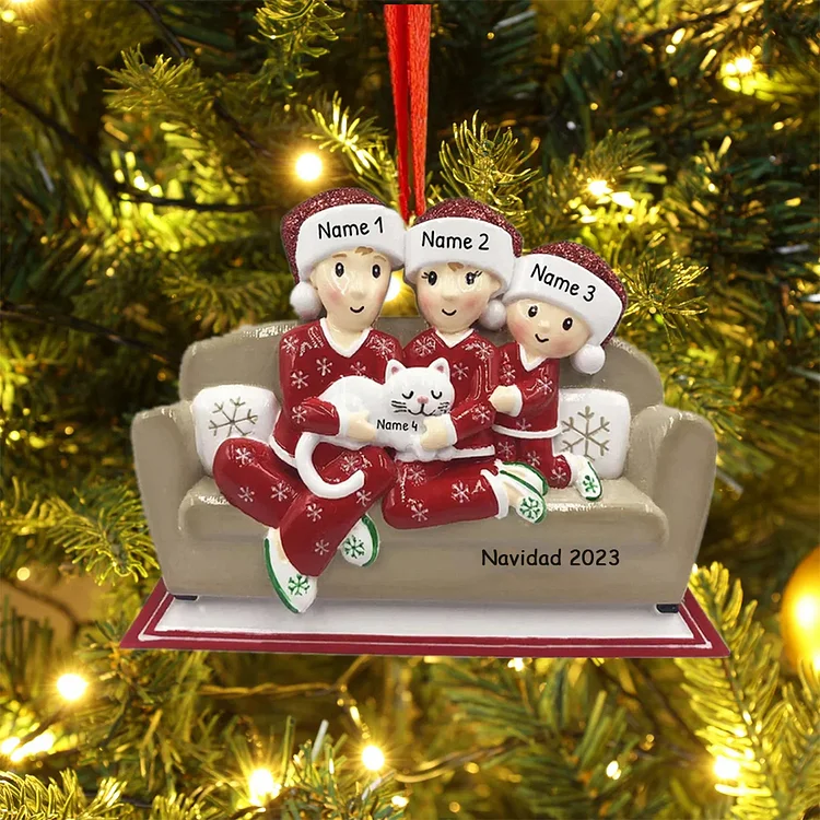 Navidad-Muñecos Ornamentos Navideños Familia con Gato 4 Nombres con Texto Personalizados Adorno de Madera